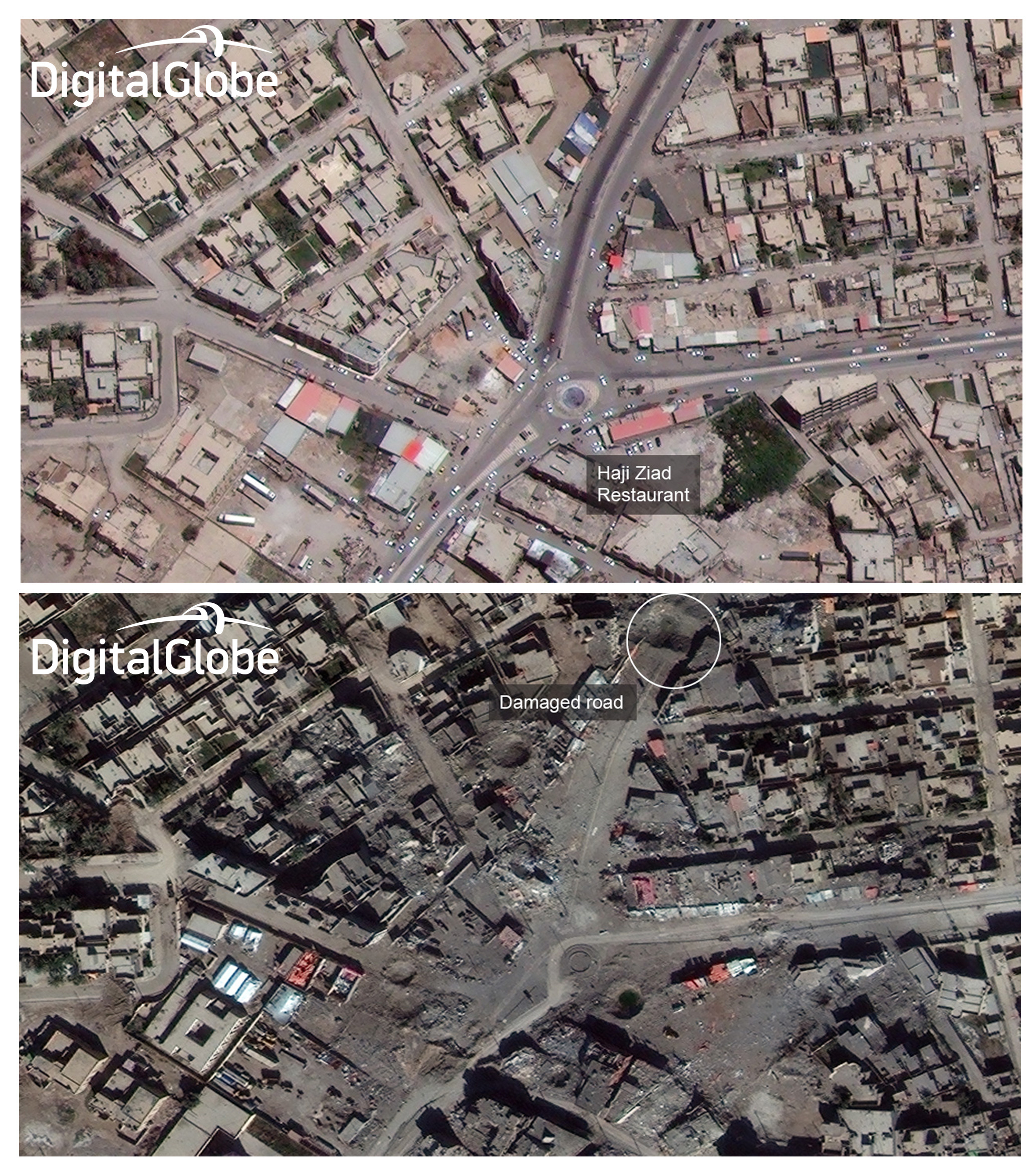PHOTO: This combination of two satellite photos provided by DigitalGlobe shows Haji Ziad Square in Ramadi, Iraq, in 2014 before the city fell to Islamic State militants, top, and on Jan. 29, 2016, after coalition airstrikes and heavy fighting.