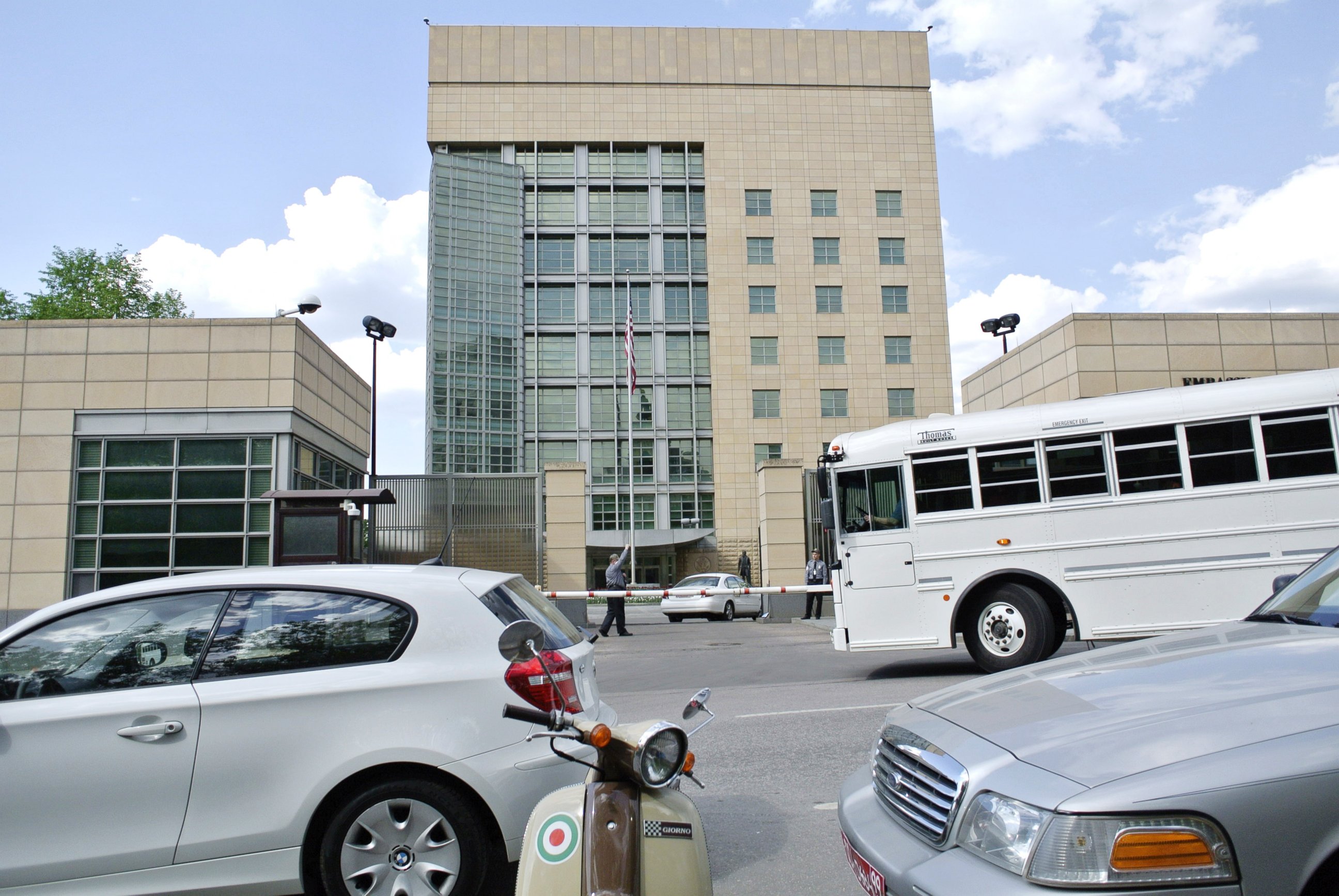 PHOTO: Cars and a bus pass the main building of the U.S. Embassy in downtown Moscow, Russia.