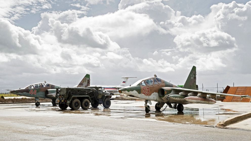 Sukhoi Su-25 ground-attack planes of the Russian Aerospace Forces prepare to depart from the Hmeimim airbase in Syria for their permanent location in Russia, March 15, 2015.