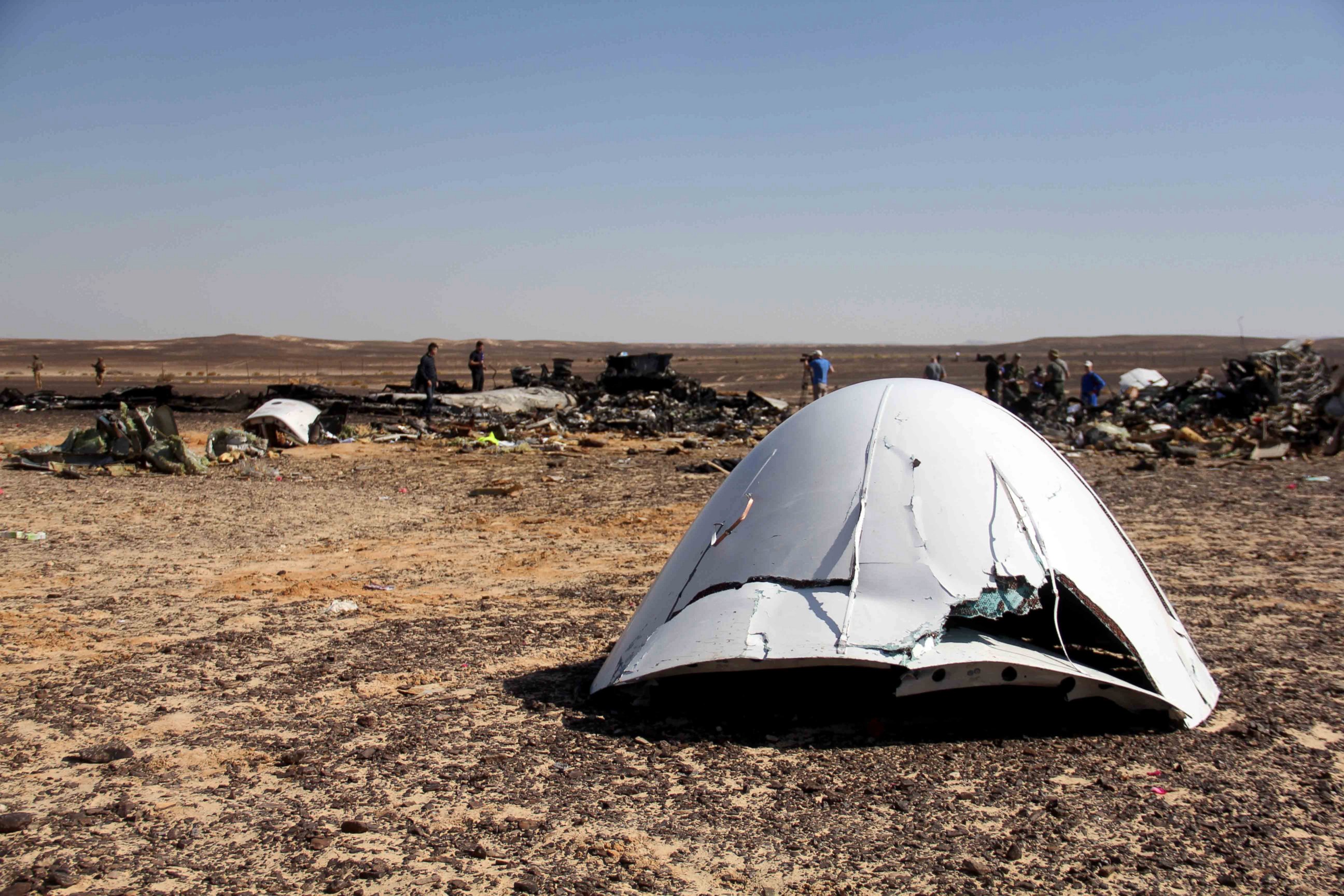 PHOTO: Debris of a Russian airplane is seen at the site a day after the passenger jet bound for St. Petersburg, Russia, crashed in Hassana, Egypt, Nov. 1, 2015. 