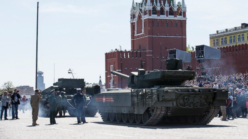 PHOTO: A Russian T-14 Armata tank is ready to be towed in Red Square during a preparation for general rehearsal for the Victory Day military parade in Moscow, May 7, 2015.