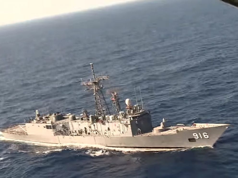 PHOTO: A video image released by the Egyptian Defense Ministry, an Egyptian plane flies over a ship during the search in the Mediterranean Sea for the missing EgyptAir flight 804 plane, May 19, 2016.