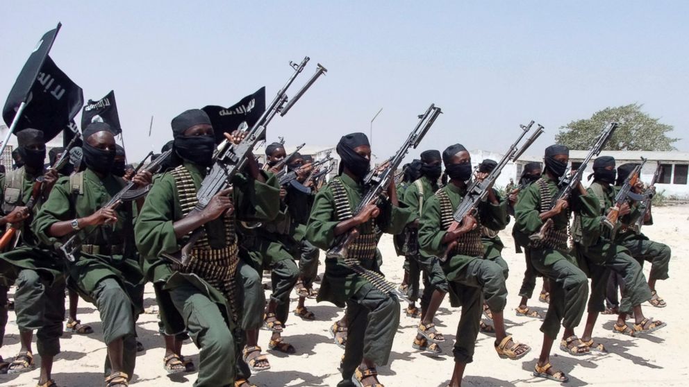 Hundreds of newly trained al-Shabab fighters perform military exercises in the Lafofe area south of Mogadishu, Somalia in this file photo, Feb. 17, 2011.