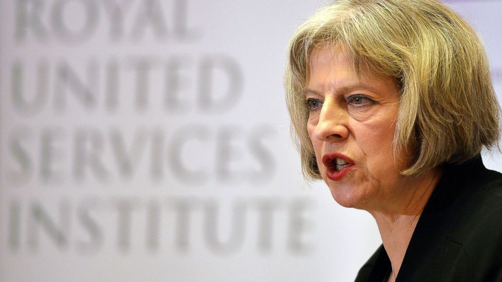 Britain's Home Secretary Teresa May speaks during the counter-terrorism awareness week conference at the Royal United Services Institute in London, Nov. 24, 2014.