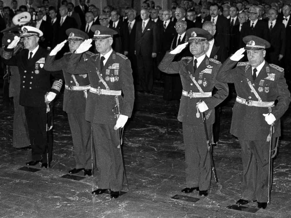 PHOTO: The leaders of Sept.12, Military coup, from left to right, Adm. Nejat Tumer, Gen. Nurettin Ersin, Gen. Gen. Kenan Evren, Gen. Tahsin Sahinkaya and Gen. Sedat Celasun salute durring the Republic Day ceremony, Oct. 29, 1980, in Ankara, Turkey. 