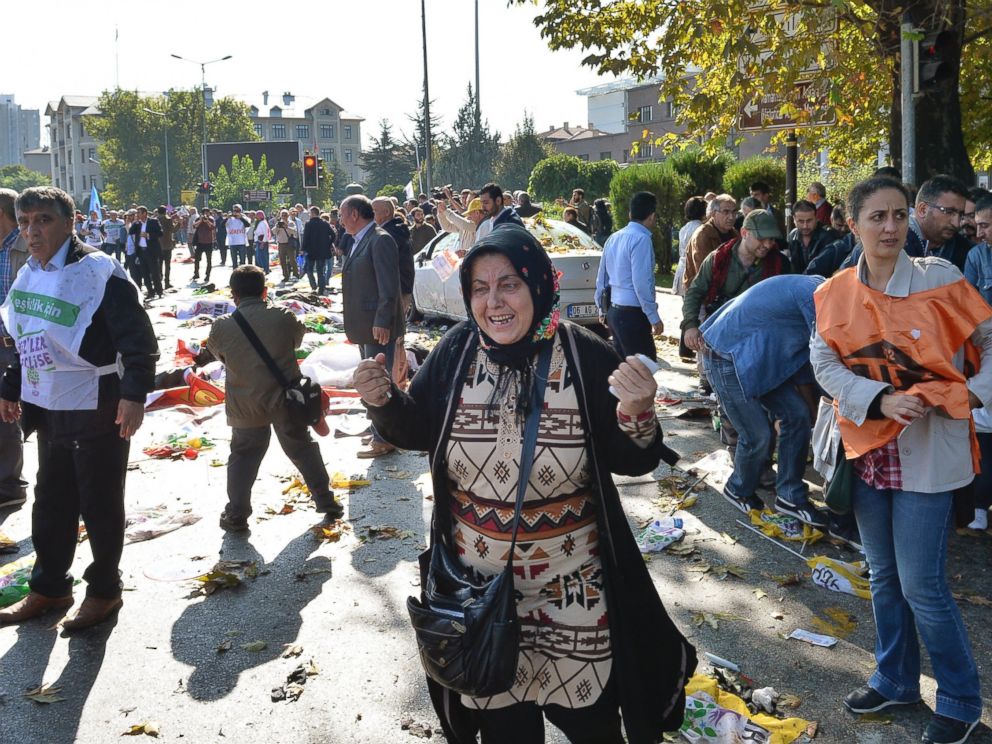 PHOTO: A woman reacts at the site of an explosion in Ankara, Turkey, Oct. 10, 2015.