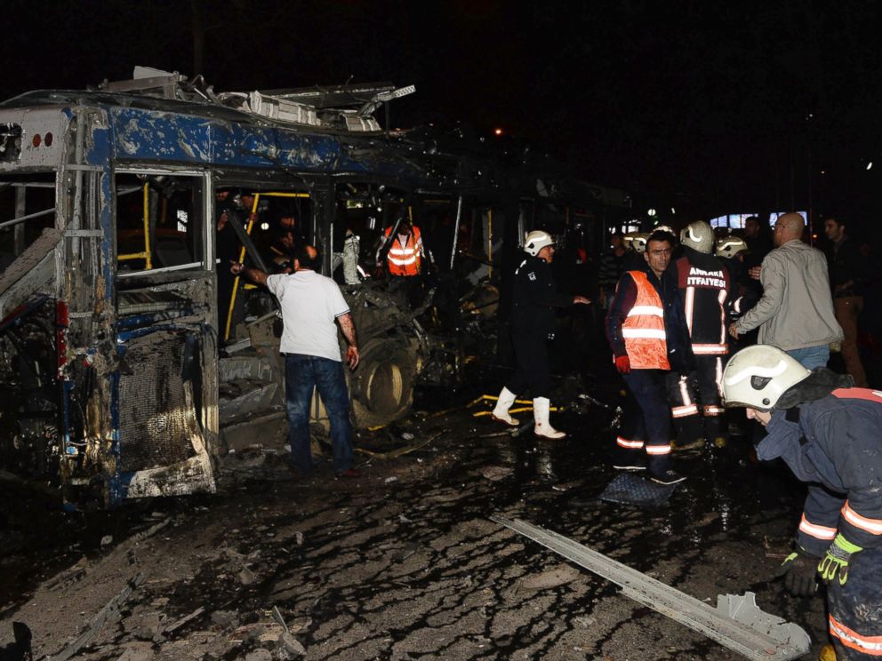 PHOTO: Members of emergency services work at the scene of an explosion in Ankara, Turkey, March 13, 2016.