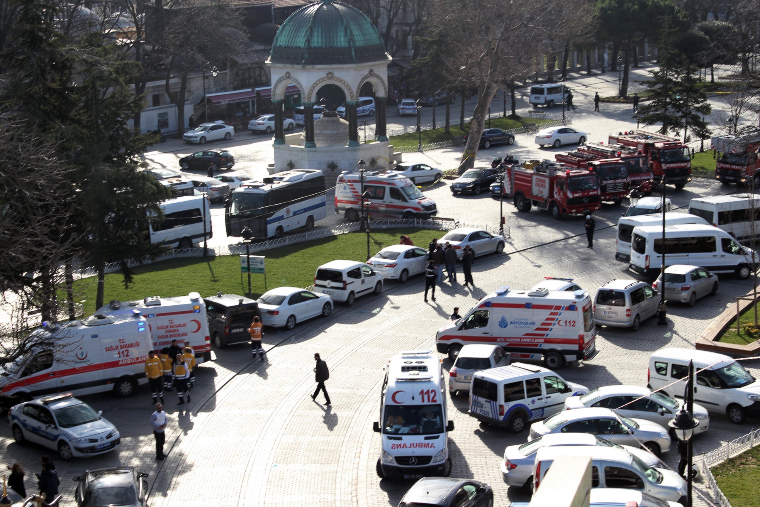 PHOTO: Ambulances and firefighters are seen after an explosion at Istanbul's historic Sultanahmet district, Jan. 12, 2016.