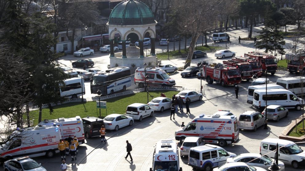 PHOTO: Ambulances and firefighters are seen after an explosion at Istanbul's historic Sultanahmet district, Jan. 12, 2016.