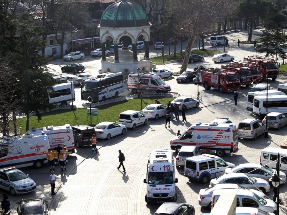 PHOTO: Ambulances and firefighters are seen after an explosion at Istanbuls historic Sultanahmet district, Jan. 12, 2016.