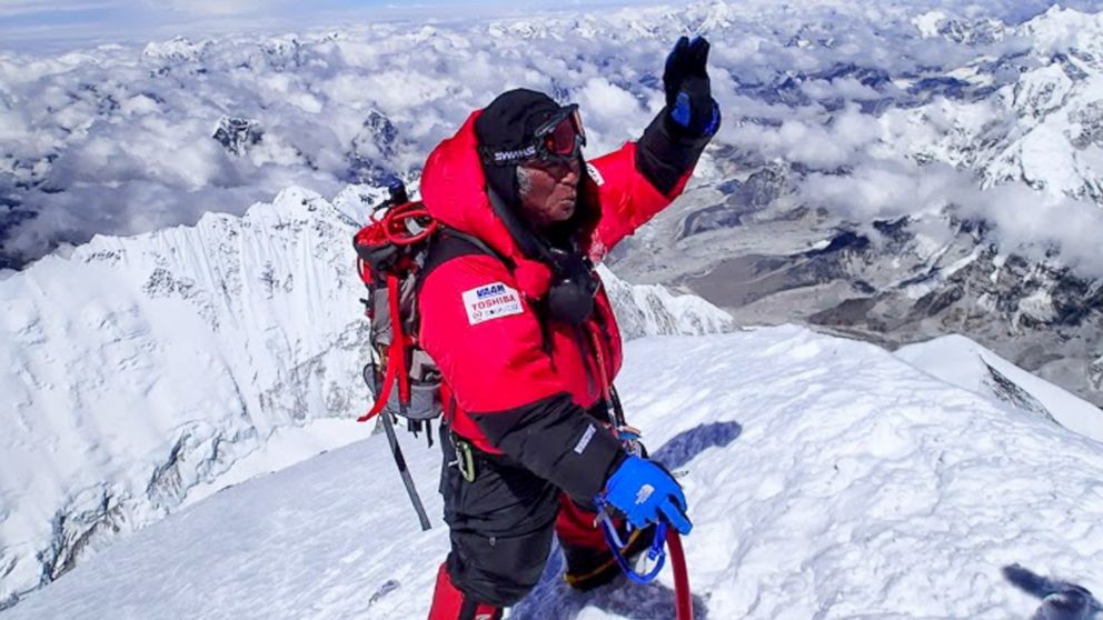 PHOTO: In this photo distributed by MIURA Dolphins Co., Ltd, 80-year-old Japanese extreme skier Yuichiro Miura stands atop the summit of Mount Everest as he becomes the oldest person to climb the world's tallest mountain Thursday, May 23, 2013.