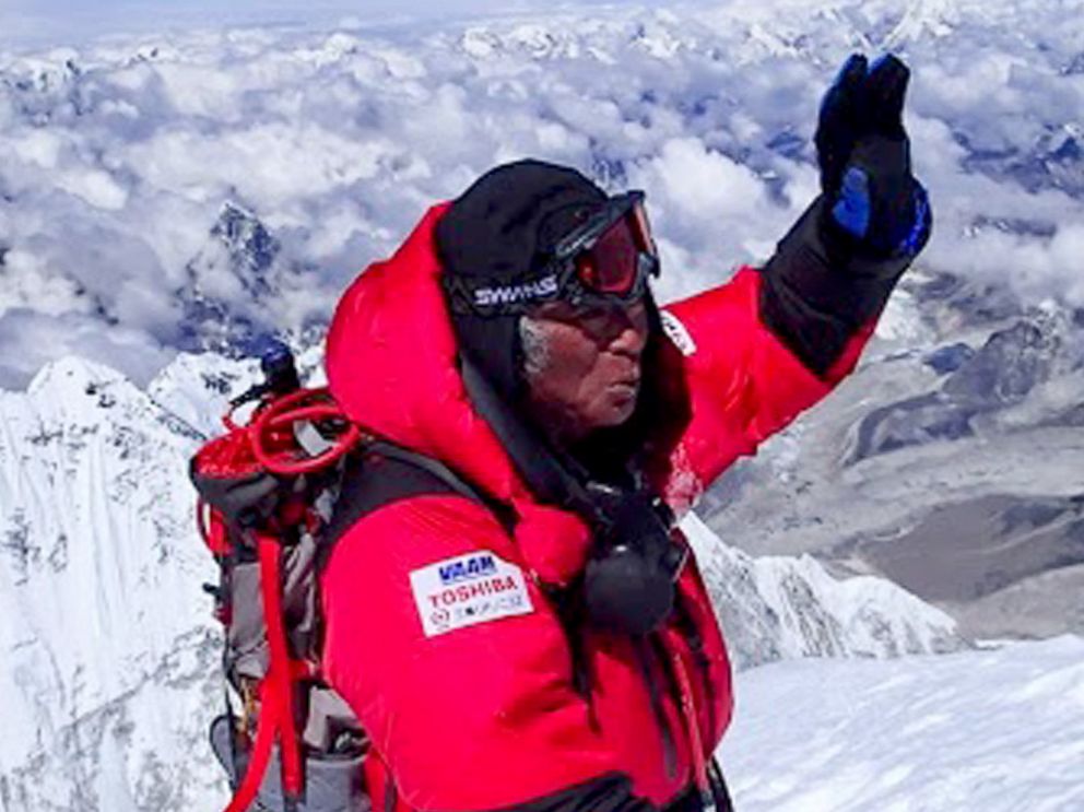 PHOTO: In this photo distributed by MIURA Dolphins Co., Ltd, 80-year-old Japanese extreme skier Yuichiro Miura stands atop the summit of Mount Everest as he becomes the oldest person to climb the world's tallest mountain Thursday, May 23, 2013.