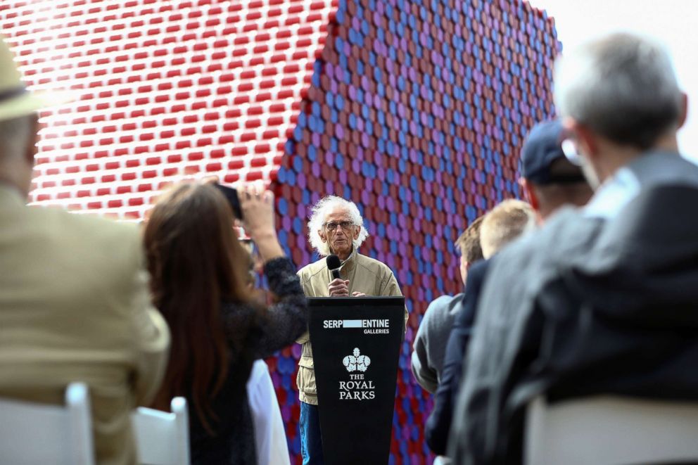 PHOTO: Christo speaks at the unveiling of his work The London Mastaba, on the Serpentine in Hyde Park, London, June 18, 2018.