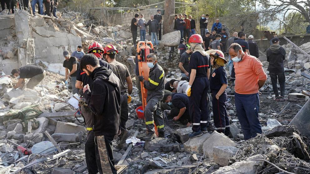 PHOTO: Rescuers search for survivors at the site of an Israeli airstrike that targeted the village of Aalmat north of Beirut on Nov. 10, 2024.