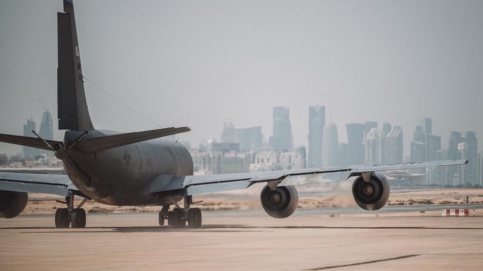PHOTO: A U.S. Air Force KC-135 Stratotanker aircraft taxis out at Al Udeid Air Base, Qatar, March 3, 2021.