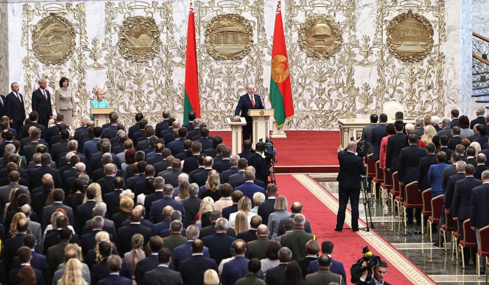 PHOTO: Belarusian President Alexander Lukashenko takes his oath of office during his inauguration ceremony at the Palace of the Independence in Minsk, (Sergei Sheleg/Pool Photo via AP)