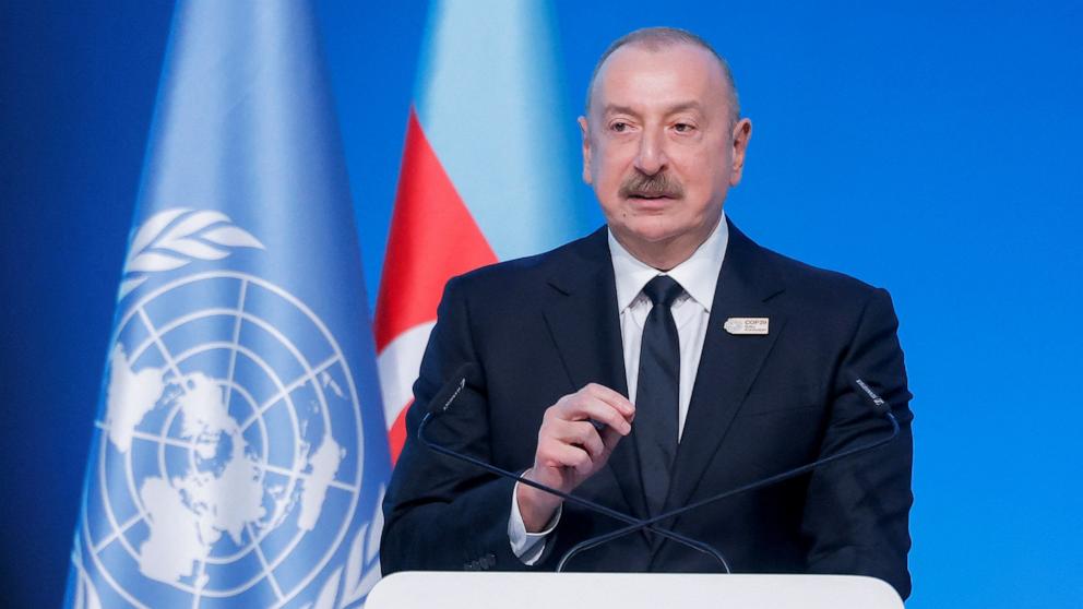 PHOTO: Azerbaijan's President Ilham Aliyev speaks during the Opening Ceremony of the United Nations climate change conference COP29 in Baku, Azerbaijan, Nov. 12, 2024. 