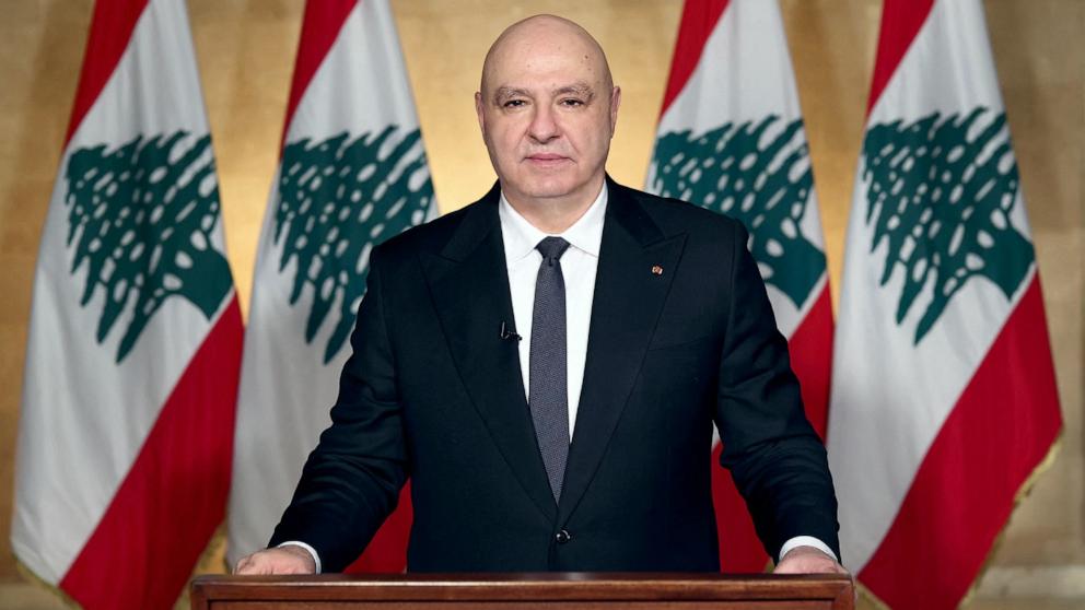 PHOTO: Lebanon's President Joseph Aoun delivers a televised address to the Lebanese people from the Baabda Presidential Palace, east of the capital Beirut, April 17, 2026.