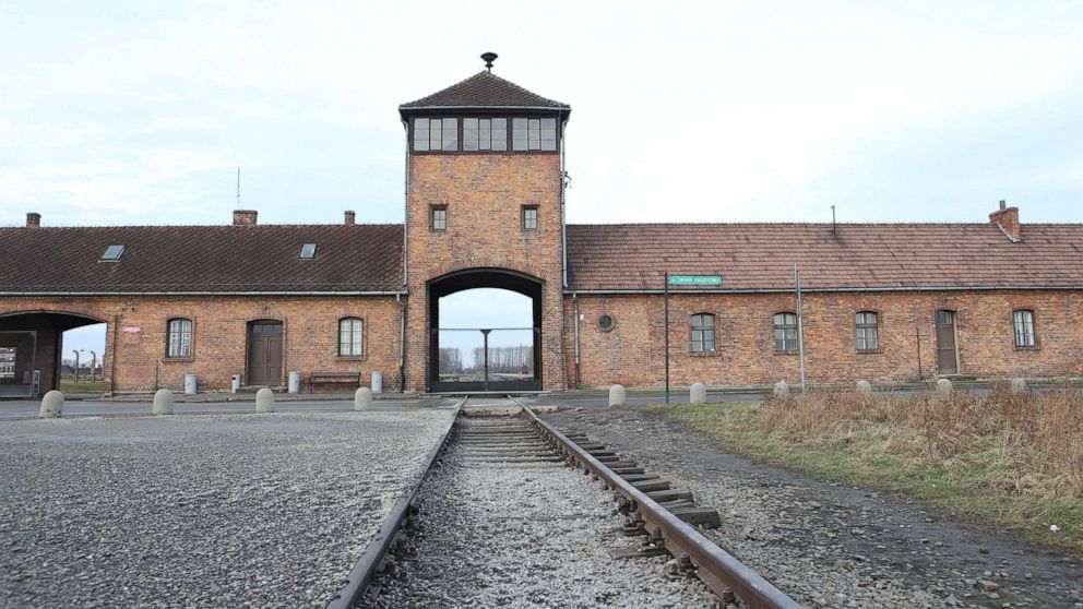 PHOTO: Railroad tracks lead to the entrance of the Auschwitz concentration camp,  Jan. 27, 2018. Trains brought people to the camp. 