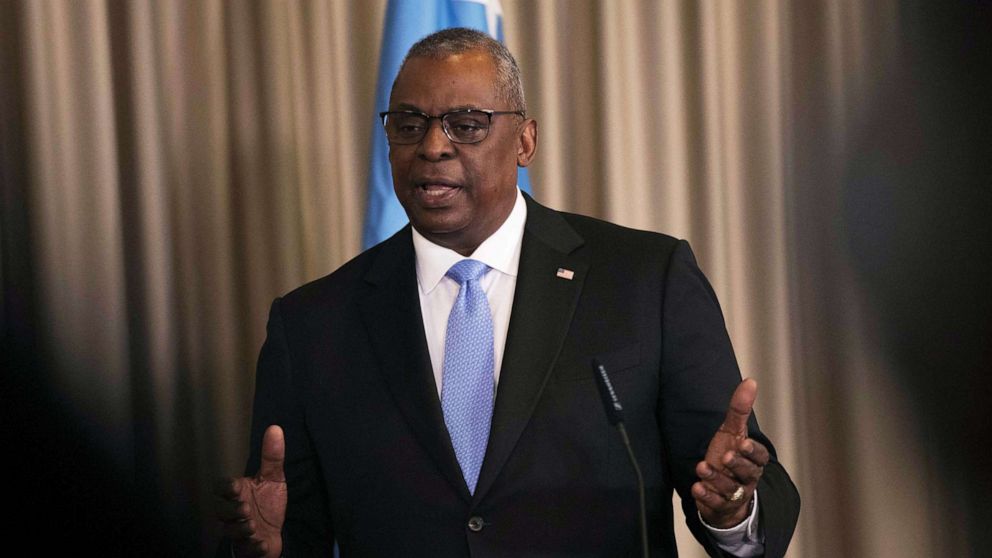 PHOTO: Secretary of Defense Lloyd Austin delivers a press conference after a meeting with members of a Ukraine Security Consultative Group at the US Air Base in Ramstein, Germany, April 26, 2022. 