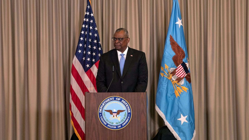 PHOTO: Secretary of Defense Lloyd Austin delivers a press conference after a meeting with members of a Ukraine Security Consultative Group at the US Air Base in Ramstein, Germany, April 26, 2022.