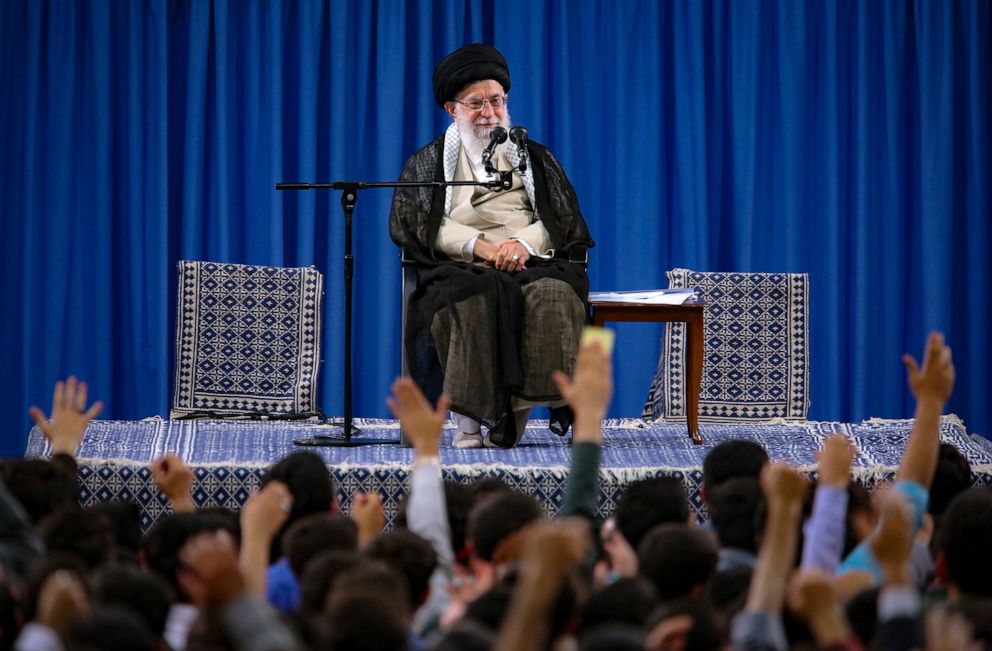 PHOTO: The Iranian supreme leader, Supreme Leader Ayatollah Ali Khamenei attends a meeting with a group of students as they chant slogans, in Tehran, Iran, May 14, 2019.