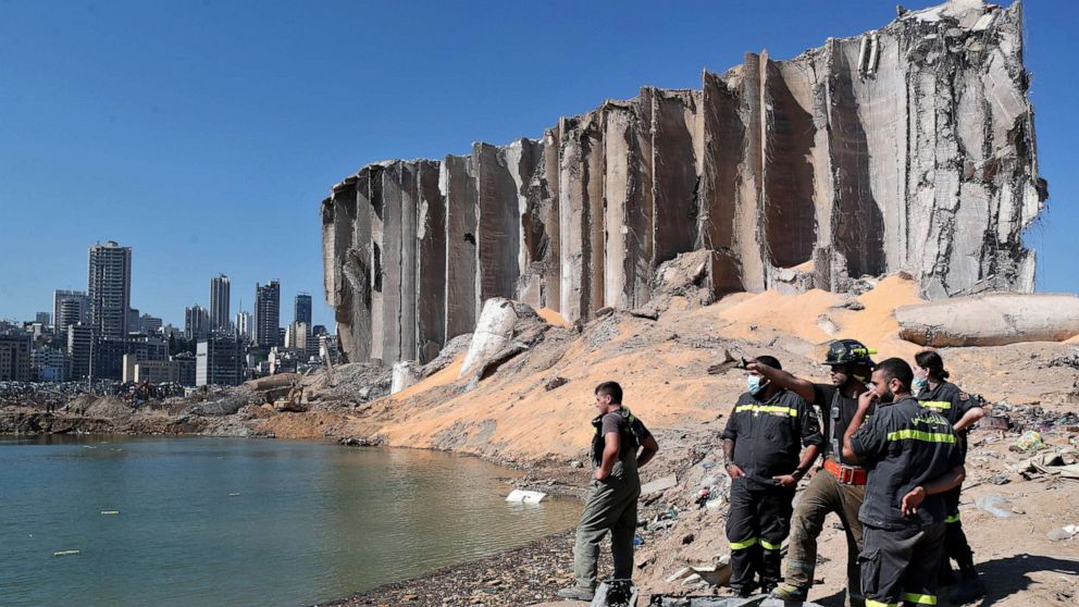 PHOTO: A rescue team surveys the site of a massive explosion in the port of Beirut, Aug. 7, 2020.
