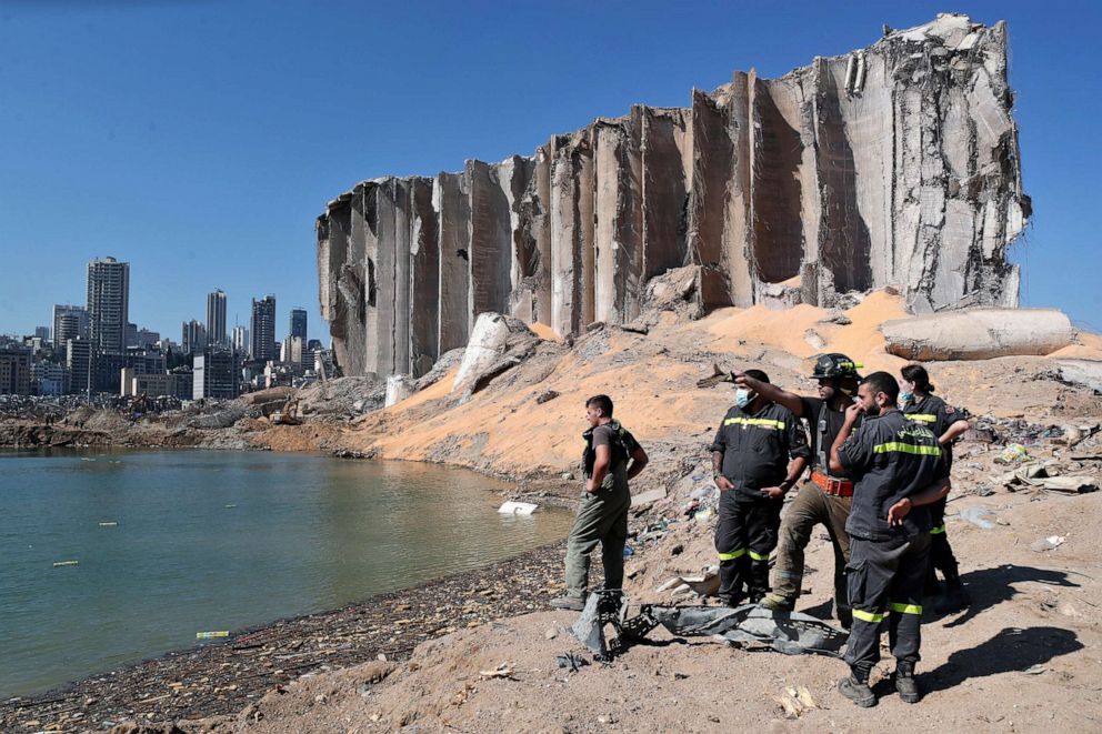 PHOTO: A rescue team surveys the site of a massive explosion in the port of Beirut, Aug. 7, 2020.