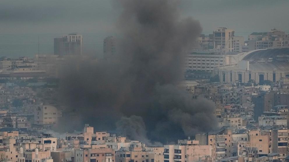 PHOTO: Smoke rise from an Israeli airstrike in the southern Beirut suburb of Dahiya, Lebanon, on Oct. 16, 2024.