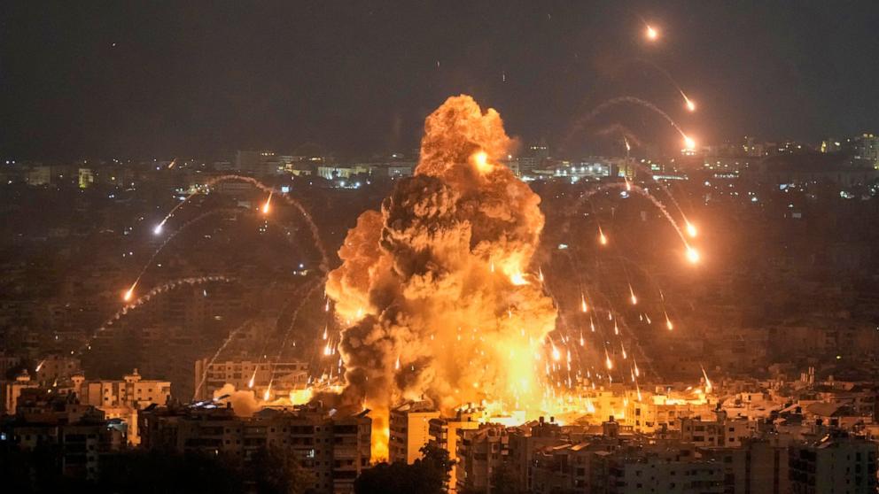 PHOTO: Flames and smoke rise from an Israeli airstrike in the Dahiya suburb of Beirut, Lebanon, on Oct. 6, 2024.