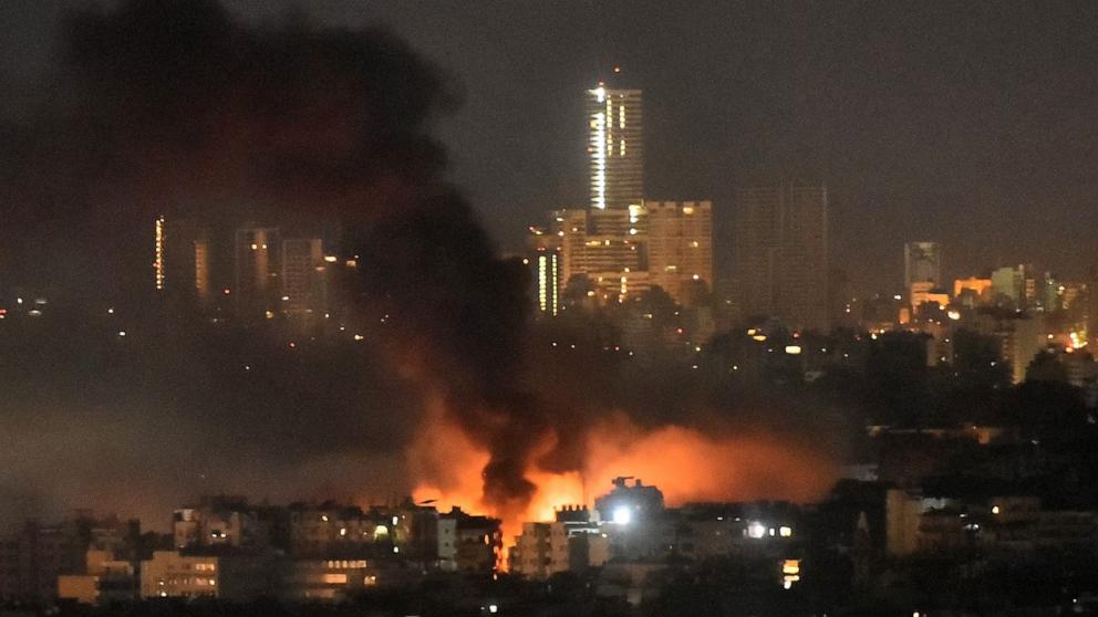 PHOTO: Fire rises from the site of an Israeli airstrike that targeted Beirut's southern suburbs on Nov. 7, 2024.