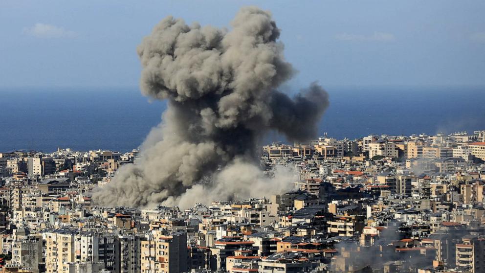 PHOTO: Thick smoke rises from an explosion during an Israeli airstrike that targeted a neighborhood in Beirut's southern suburbs on Nov. 17, 2024.