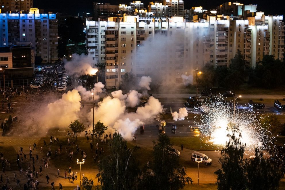 PHOTO: MINSK, BELARUS - AUGUST 09: Protesters and riot police clash during a protest against Belarus President Alexander Lukashenko's claim of a landslide victory on August 9, 2020 in Minsk, Belarus.