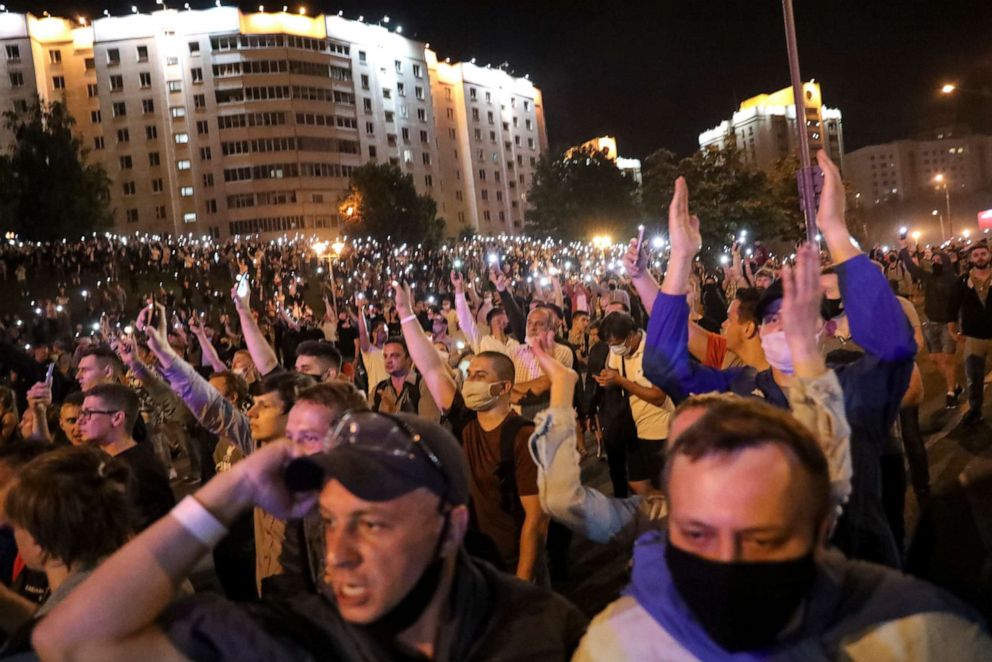 PHOTO: Demonstrators rally after the Belarusian presidential election in Minsk, Belarus, late Sunday, Aug. 9, 2020. 