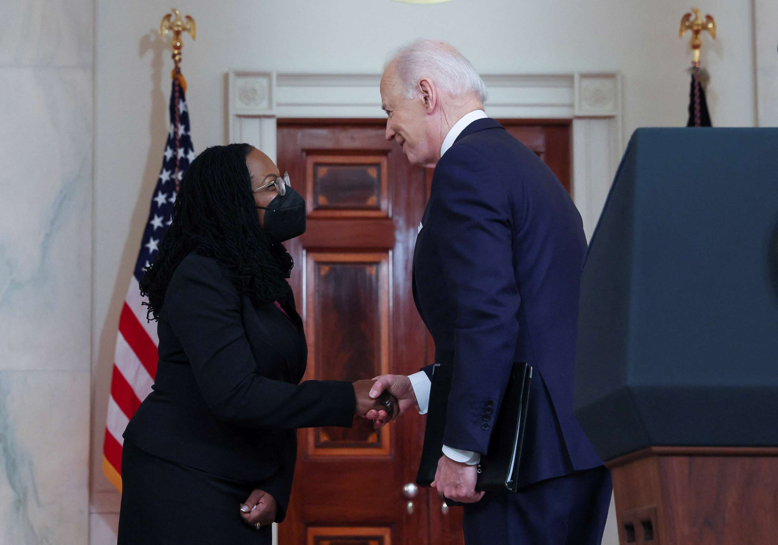 PHOTO:President Joe Biden shakes hands with U.S. Appeals Court Judge Ketanji Brown Jackson after announcing her as his nominee to be a Supreme Court Associate Justice and the first Black woman to serve on the court, at the White House, Feb. 25, 2022.