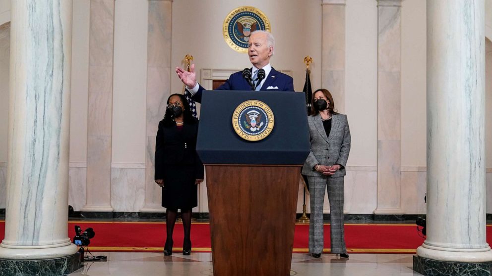 PHOTO: President Joe Biden speaks as he announces Judge Ketanji Brown Jackson, left, as his nominee to the Supreme Court in the Cross Hall of the White House, Feb. 25, 2022.