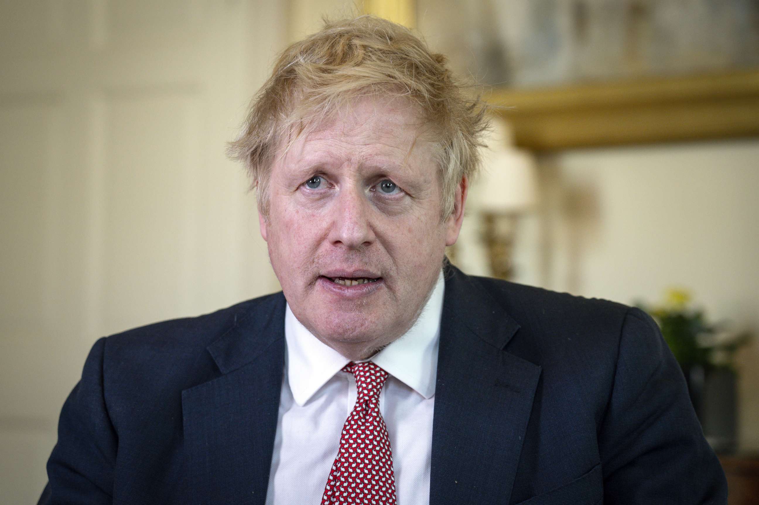 PHOTO: LONDON, ENGLAND - In this handout photo provided by 10 Downing Street, British Prime Minister Boris Johnson records a video message on Easter Sunday at Number 10 after release from the hospital, before leaving for Chequers on April 12, 2020. 