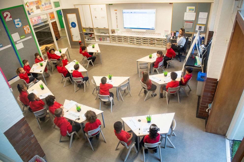 PHOTO: Children sit in a classroom on the first day back to school at Charles Dickens Primary School in London, Sept. 1, 2020.