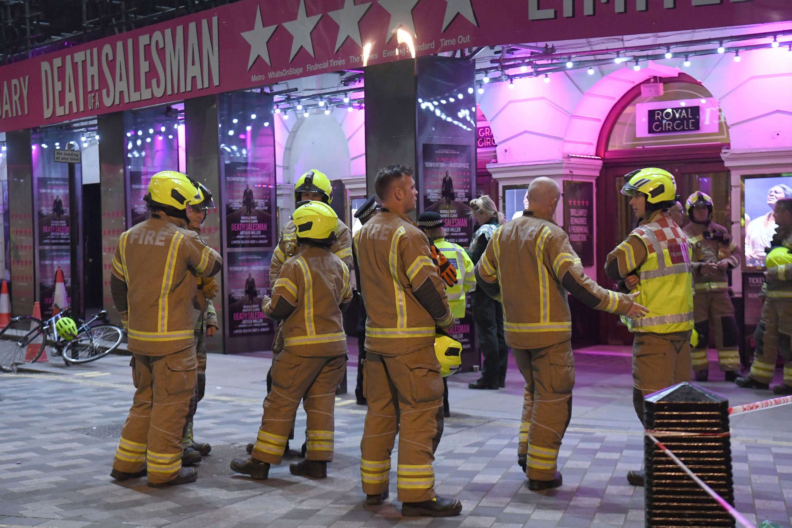 PHOTO: Fire fighters outside the Piccadilly Theatre in London, after it was evacuated when part of the ceiling fell into the auditorium during a performance of the play Death of a Salesman, Wednesday Nov. 6, 2019. (Kirsty O'Connor/PA via AP)