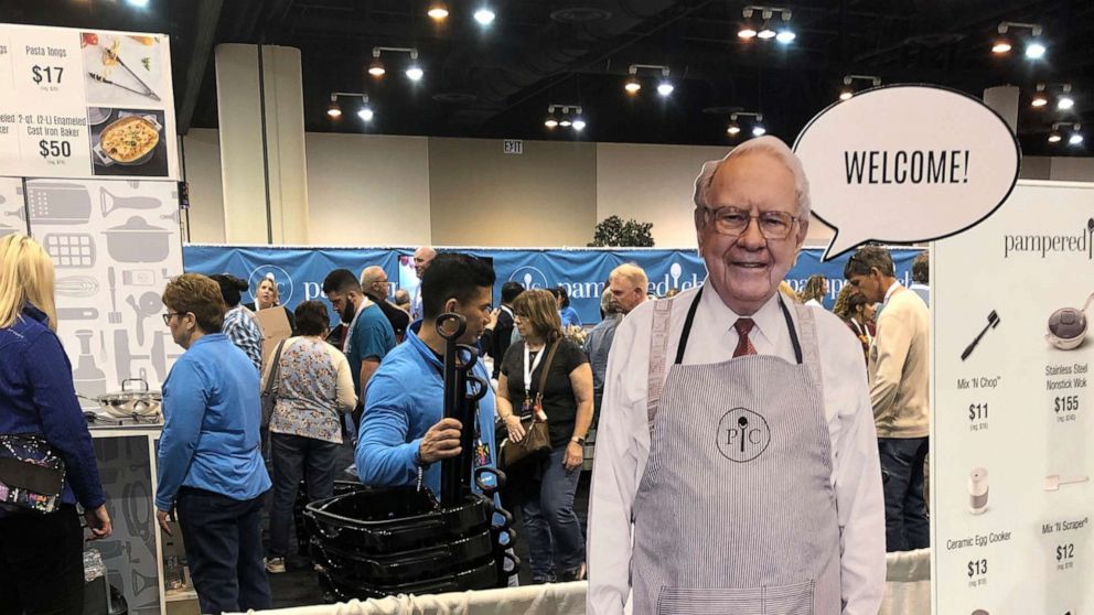 PHOTO: A cutout of Berkshire Hathaway CEO Warren Buffett greets shareholders at the Pampered Chef booth at the company's annual meeting, Friday, APril 29, 2022, in Omaha, Neb.