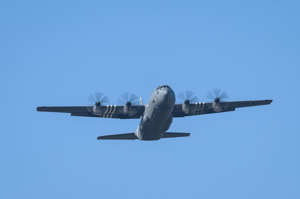 PHOTO: This file photo shows a U.S. Air Force Lockheed C-130 Hercules military transport aircraft taking off from RAF Fairford on March 19, 2026 in Fairford, U.K.