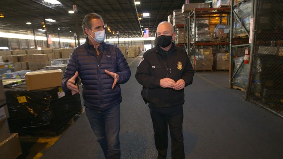 PHOTO: U.S. Customs and Border Protection Port Director Ed Fox shows ABC News products that were allegedly made via slave labor in China's Xinjiang province.