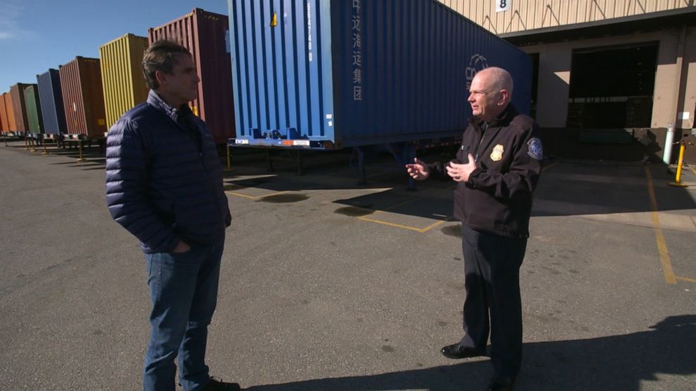 PHOTO: U.S. Customs and Border Protection Port Director Ed Fox shows ABC News products that were allegedly made via slave labor in China's Xinjiang province.