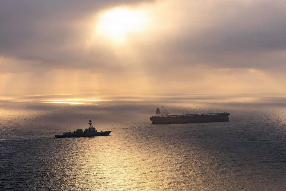 PHOTO: The Arleigh Burke-class guided-missile destroyer USS Rafael Peralta implementing a maritime blockade, May 8, 2026.