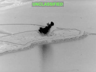 U.S. strikes on Iranian coastal surveillance radar sites in Goruk and on Qeshm Island, as shown in a still photo released by U.S. Central Command.