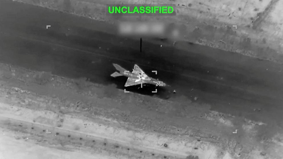 PHOTO: A screengrab from a video released March 30, 2026, shows what the U.S. Central Command says is an Iranian aircraft at an unknown location right before being struck.