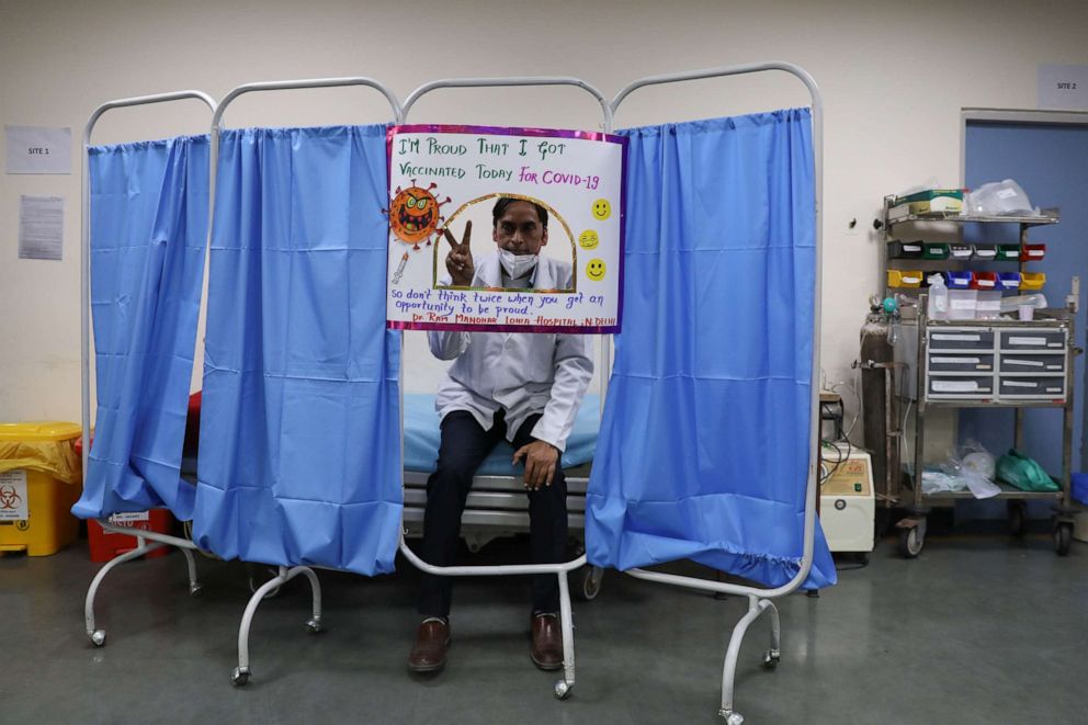 PHOTO: A doctor poses after receiving a dose of the Bharat Biotech's coronavirus disease (COVID-19) vaccine, called COVAXIN, at a government-run hospital in New Delhi, India, January 19, 2021. 
