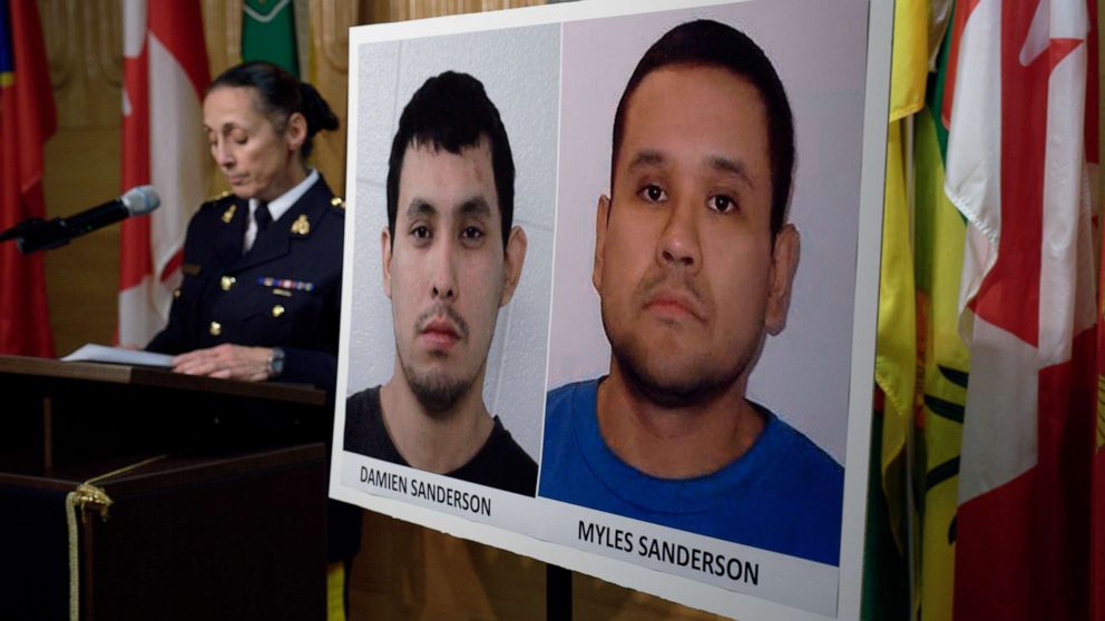 PHOTO: Assistant Commissioner Rhonda Blackmore speaks next to images of Damien Sanderson and Myles Sanderson during a press conference at the Royal Canadian Mounted Police "F" Division headquarters in Regina, Saskatchewan, Sept. 4, 2022.