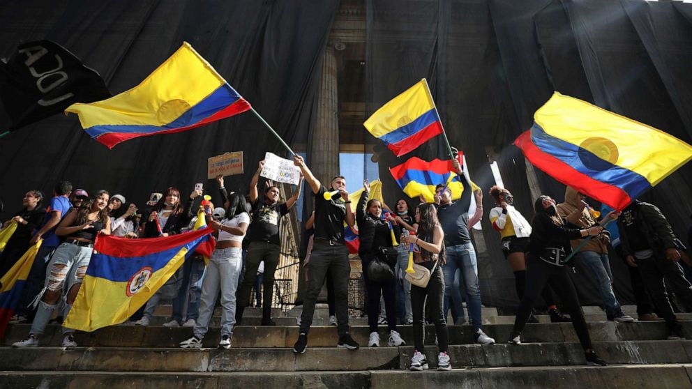 PHOTO: Demonstrators attend an anti-government protest on the steps of the Congress building in Plaza Bolivar in Bogota, Colombia, May 12, 2021.