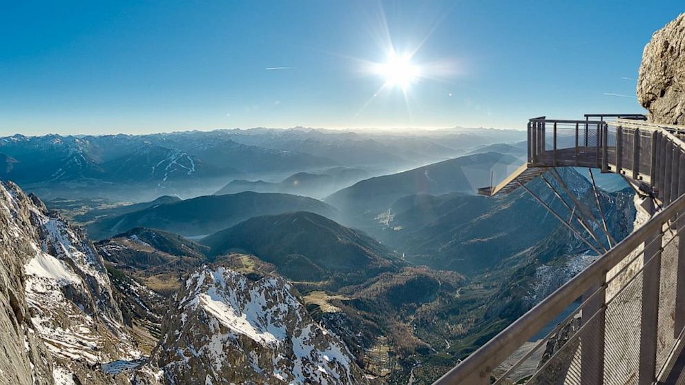 The Dachstein Suspension Bridge with views over Austria's loftiest peaks and 400 metres down over the sheer rock face of the Dachstein massif. 
